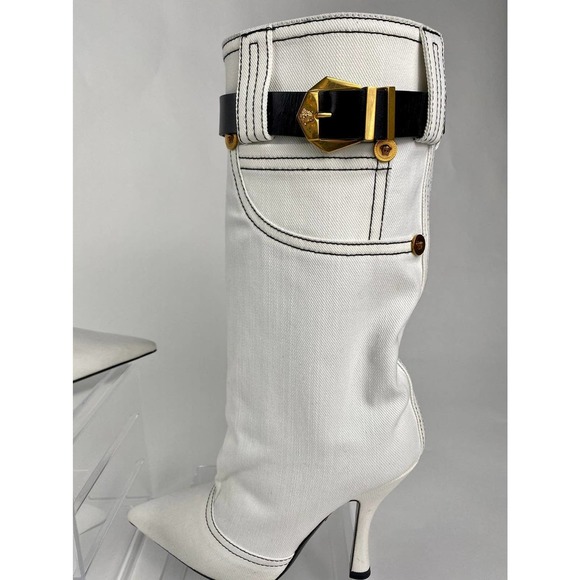 VERSACE Stiletto White Denim Boots 39 - Picture 4 of 12